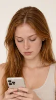 rothaarige Frau mit Fitnessuhr blickt auf ihr Smartphone