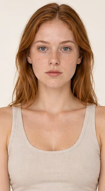 UGC ad creative variation: red-haired woman in a cream top facing the camera