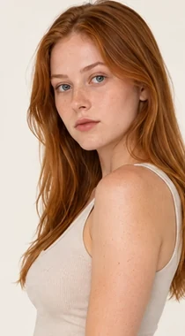 UGC ad creative variation: red-haired woman in a cream top at a three-quarter angle
