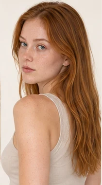 UGC ad creative variation: red-haired woman in a cream top looking over her shoulder