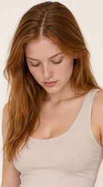 UGC ad creative variation: red-haired woman in a cream top looking down