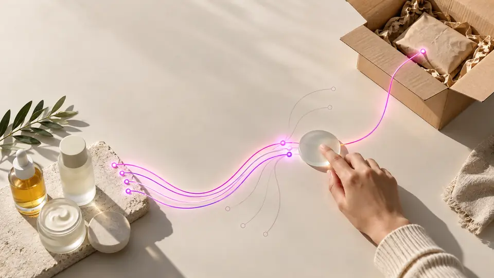 Skincare bottles link through a glowing checkpoint, picturing an agent integration layer routing an order to fulfillment
