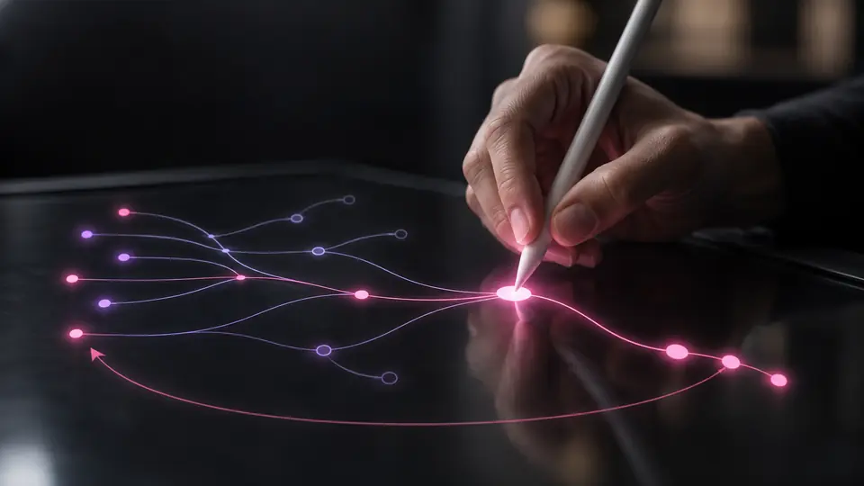 A hand sketching a branching node network with a stylus, depicting the integration layer behind personal AI assistants