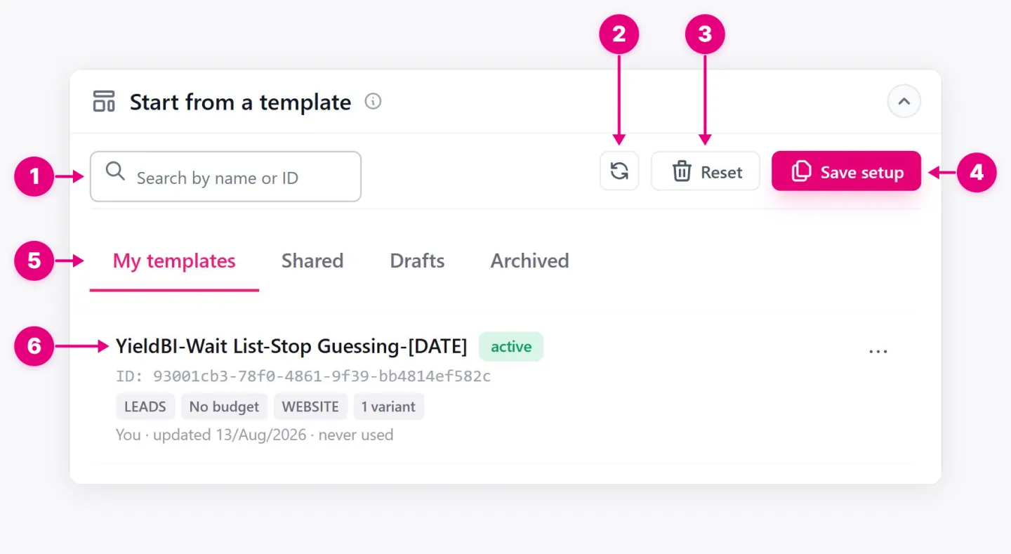 Start from a template panel showing Search, Refresh, Reset, Save setup, and other labeled controls.