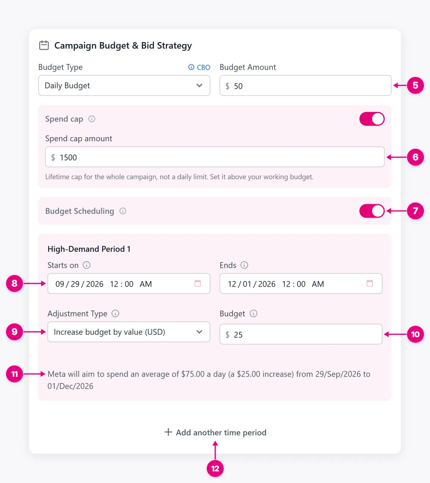 CBO budget settings with amount, spend cap, budget scheduling, dates, and adjustment controls.