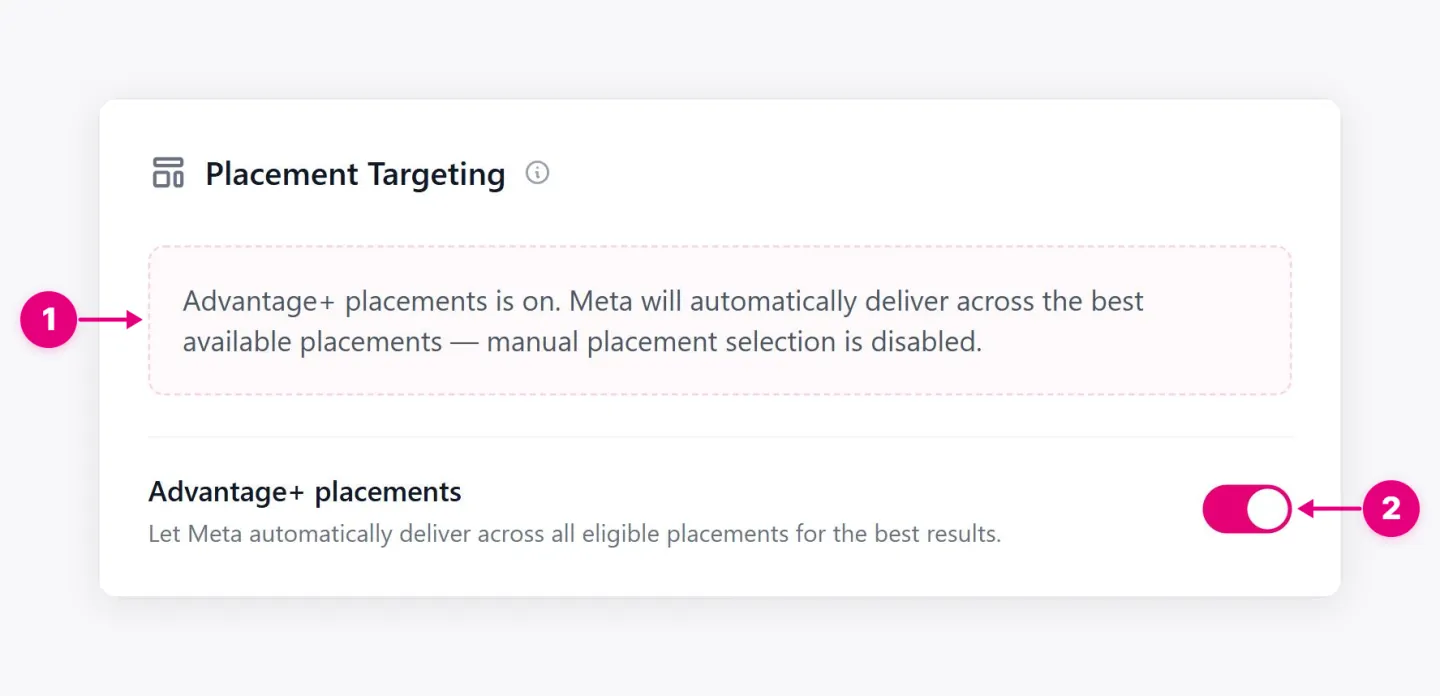 Advantage+ placements on showing Advantage+ placements notice, Advantage+ placements.