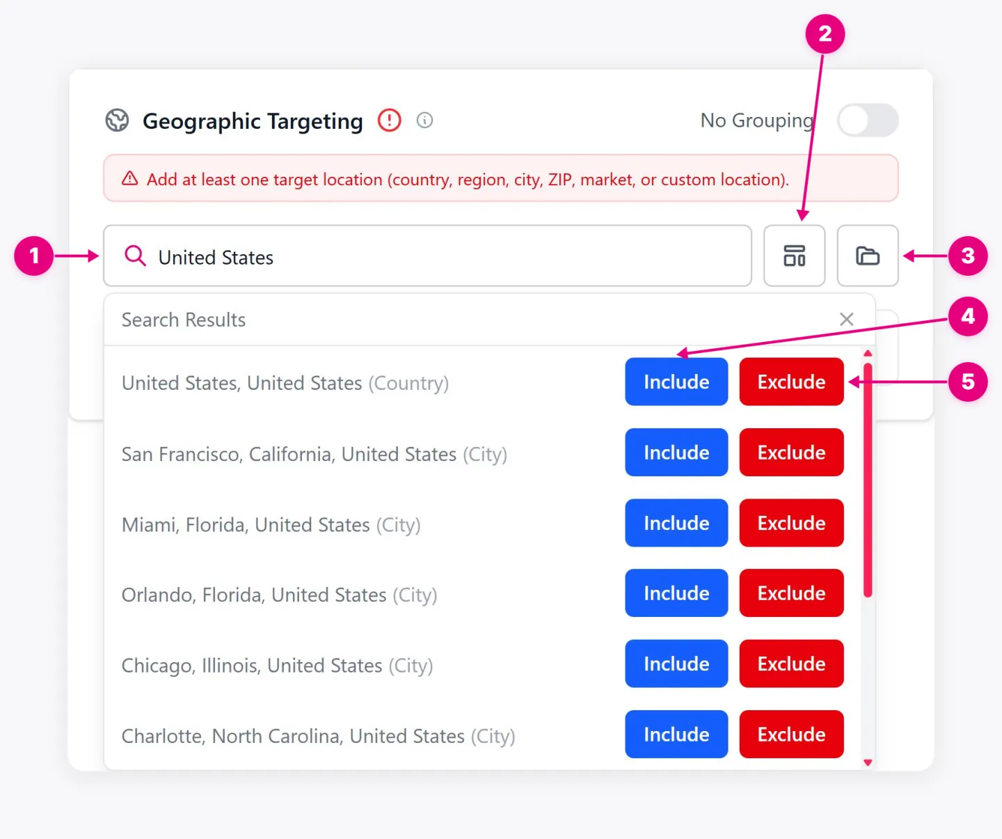 Location search showing Location search, Location presets, Browse Locations, Include, and other labeled controls.
