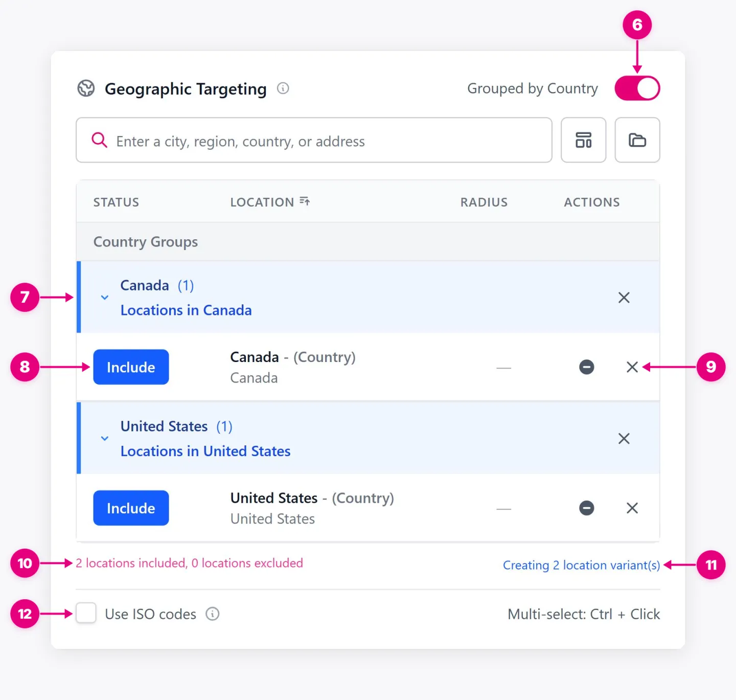 Locations grouped by country showing Grouping switch, Location group, Status, Row actions, and other labeled controls.