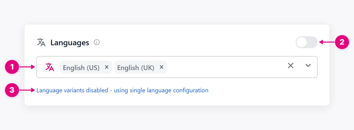 Languages section with language selection, variant controls, and variant status settings.