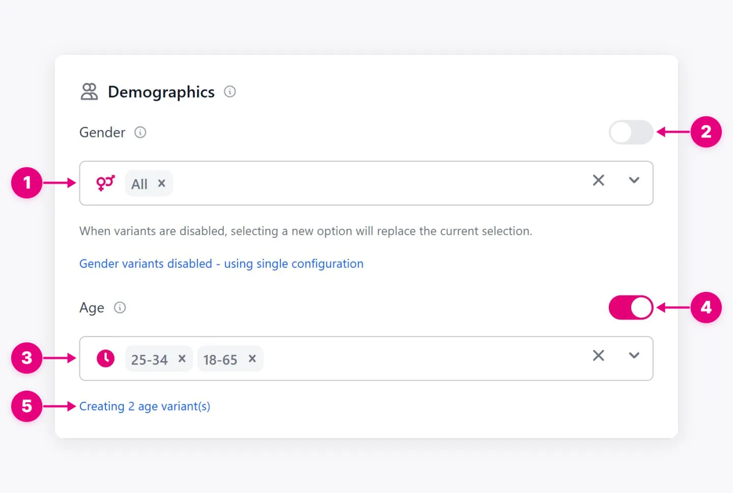 Demographics showing Gender, Gender variants, Age, Age variants, and other labeled controls.