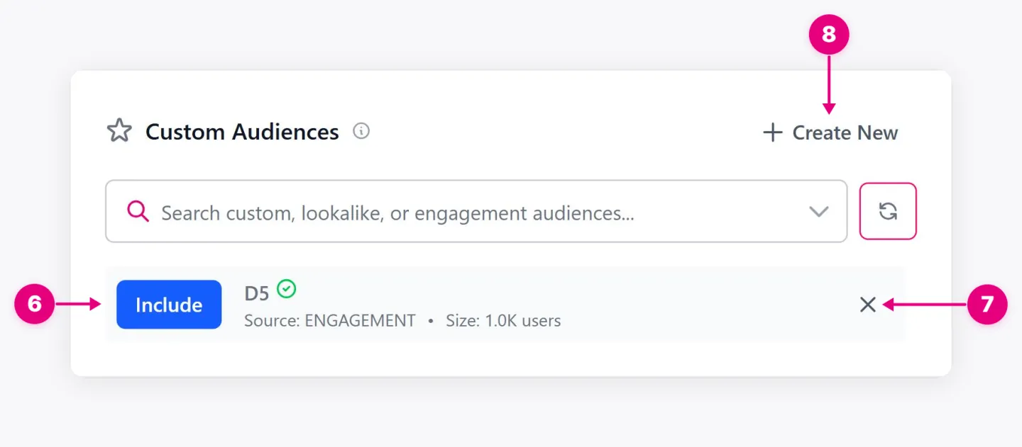 Included custom audience row with the selected audience, Remove, and Create New actions.