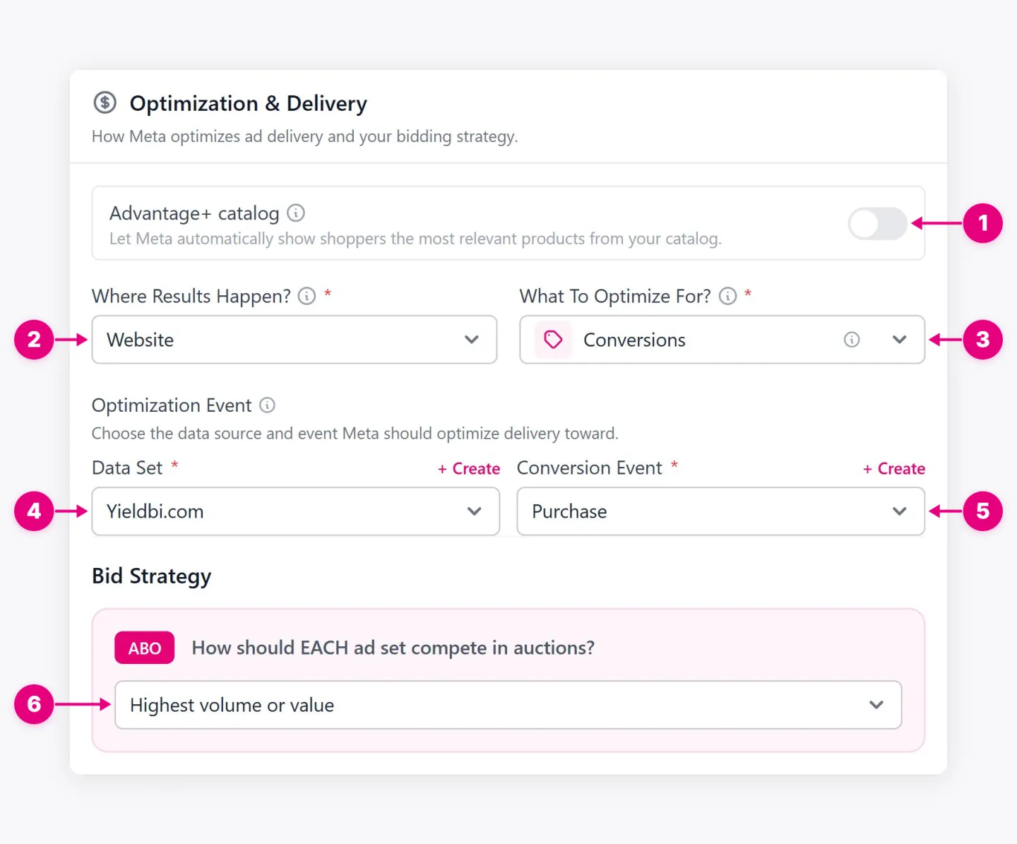 Optimization and Delivery section showing catalog, result location, optimization, and data set.