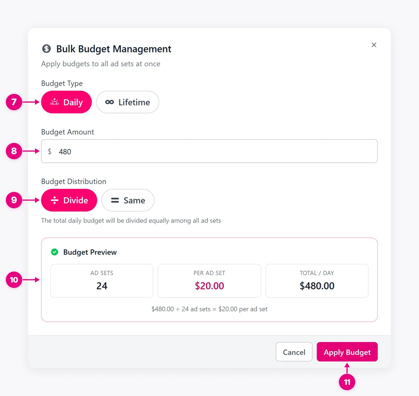 Bulk Budget Management showing Budget Type, Budget Amount, Budget Distribution, Budget Preview, and other labeled controls.