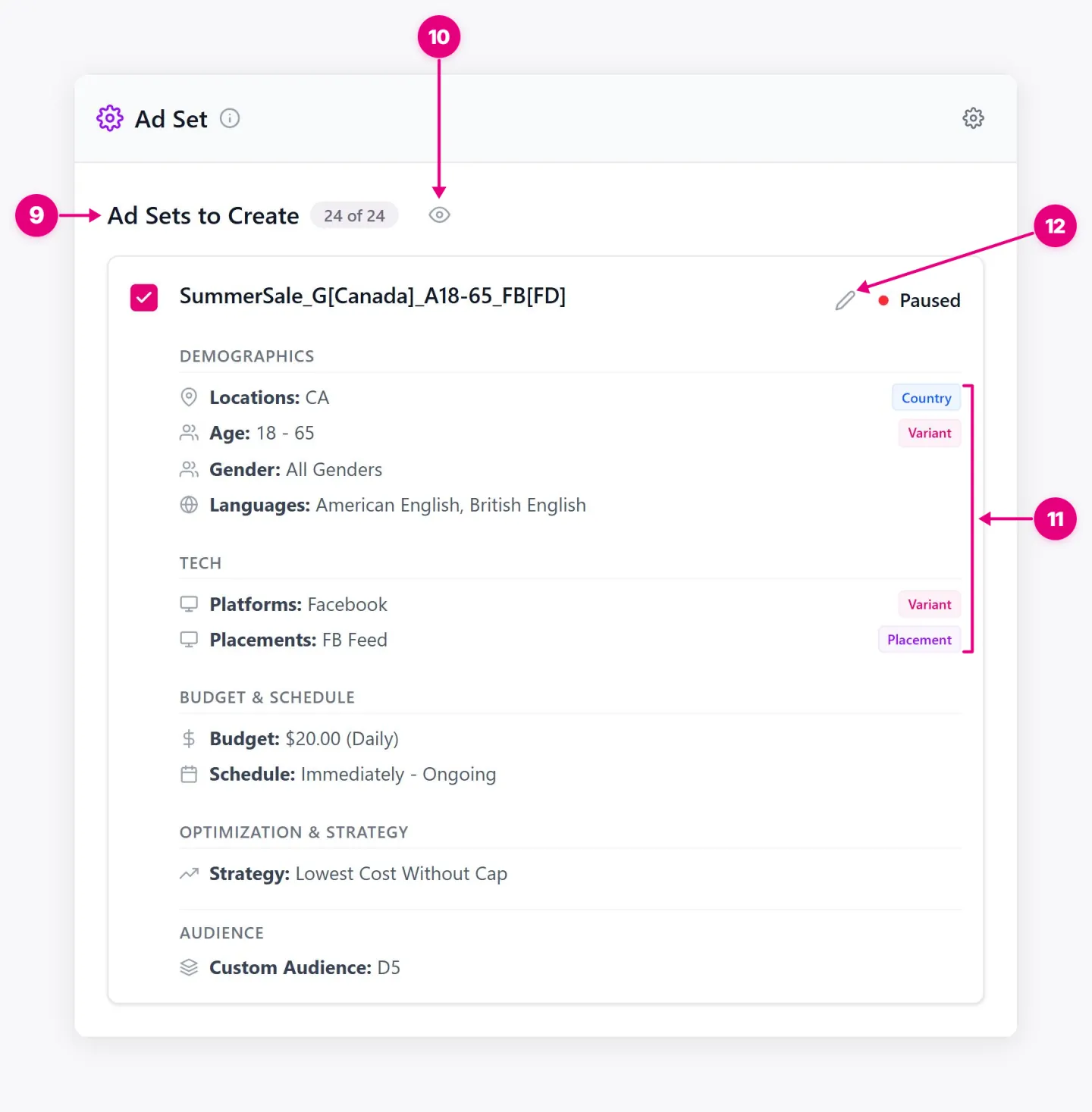 Ad Sets to Create showing Ad Sets to Create, Dim repeating fields, Variant labels, Edit ad set.
