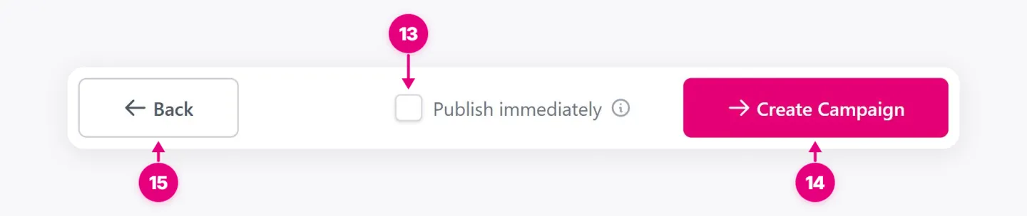 Review footer with Publish immediately toggle, Create Campaign button, and Back button.