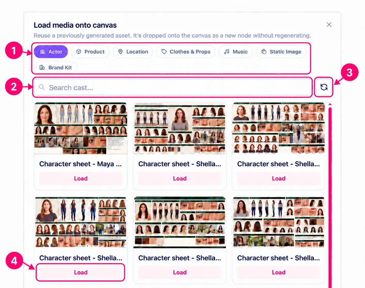 Cropped Load media browser with callouts 1 through 4 for asset type tabs, search, refresh, and loading a sample asset.