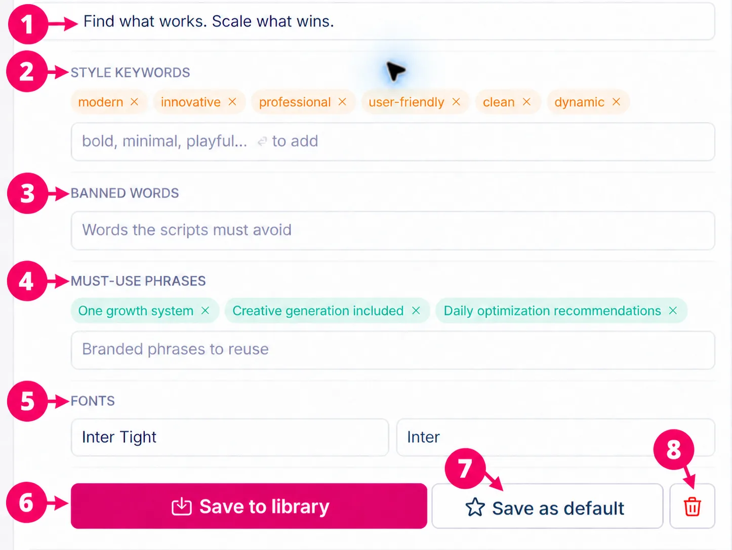 Brand Kit writing guidance and inline save actions with callouts 1 through 8, including the delete button.
