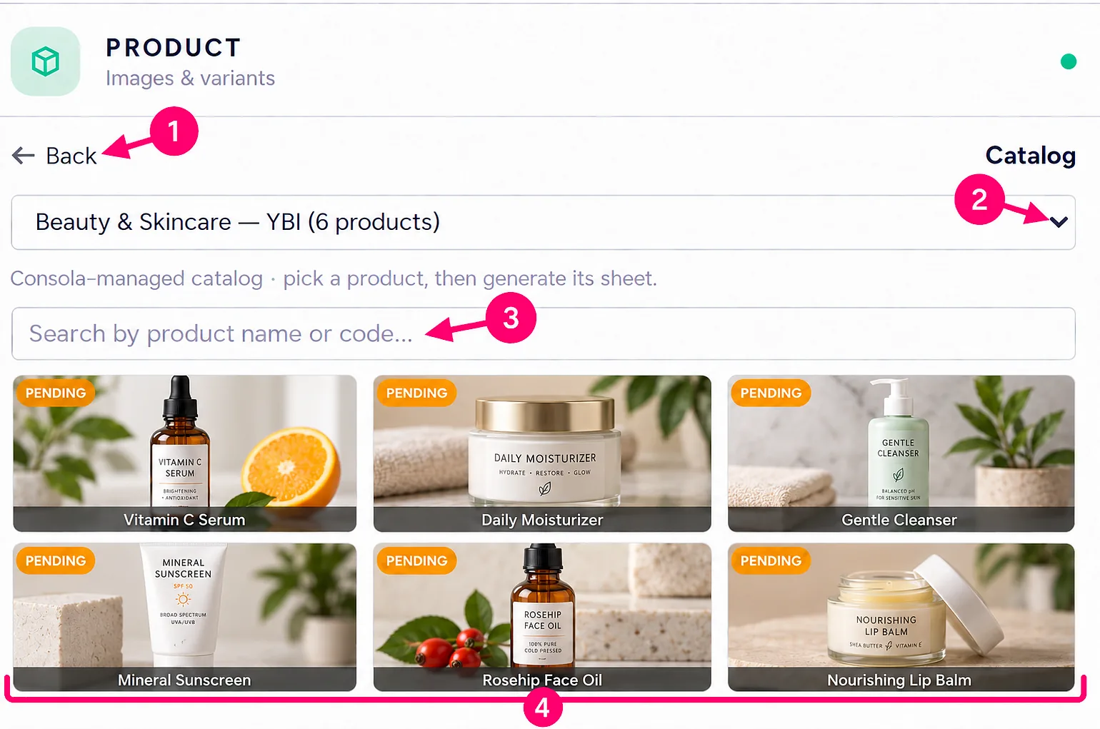 Catalog product picker: 1 Back to the catalog list, 2 switch catalogs, 3 search products, 4 the product list.