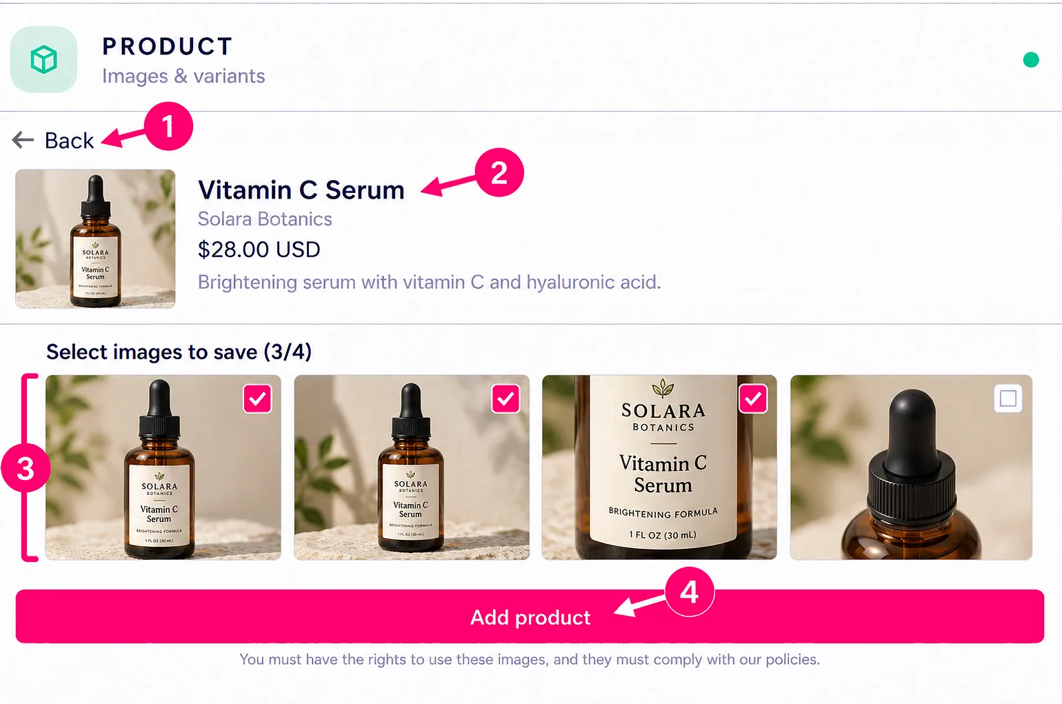 Catalog product details: 1 Back to products, 2 product details, 3 the image selection range, 4 Add product. Three of four vitamin C serum images are selected in this example.