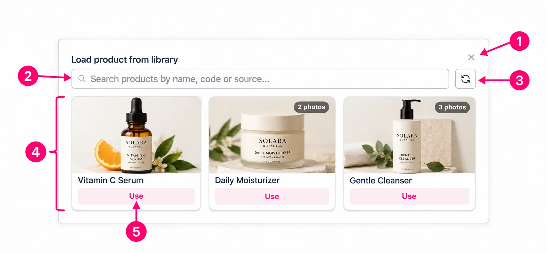 Load product from library: 1 Close, 2 Search, 3 Refresh, 4 Product list, 5 Use. Numbering restarts at 1.