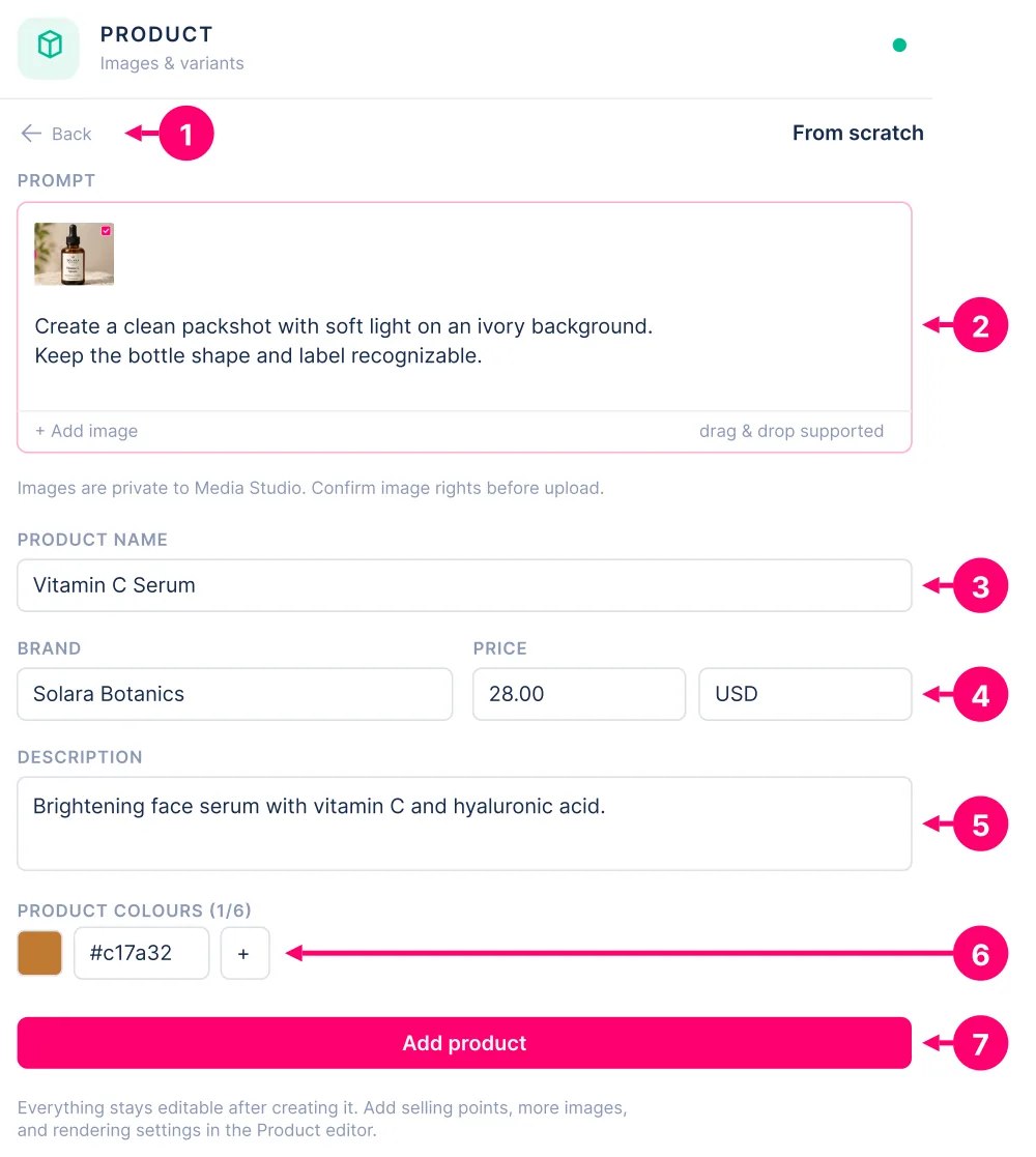 From scratch: 1 Back, 2 prompt and photo upload, 3 product name, 4 brand and price, 5 description, 6 product colours, 7 Add product. Numbering restarts at 1.