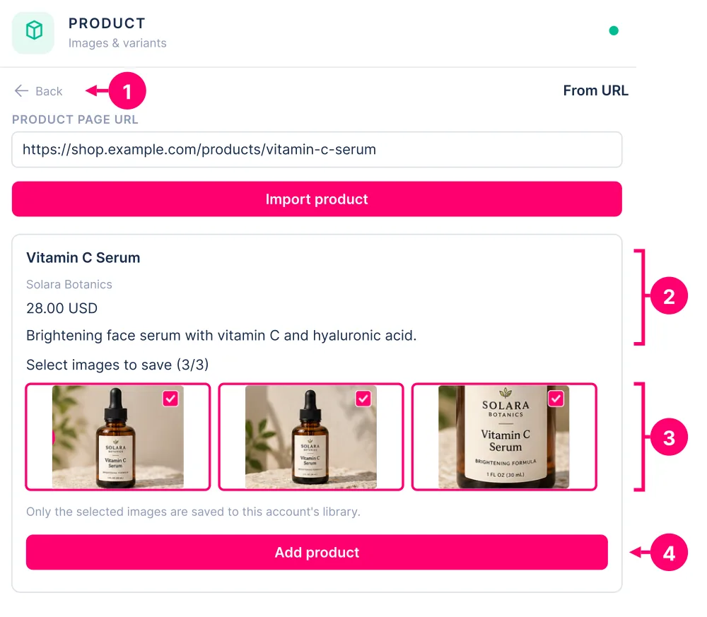 Imported beauty product: 1 Back, 2 detected details, 3 candidate image selection, 4 Add product. Numbering restarts at 1.