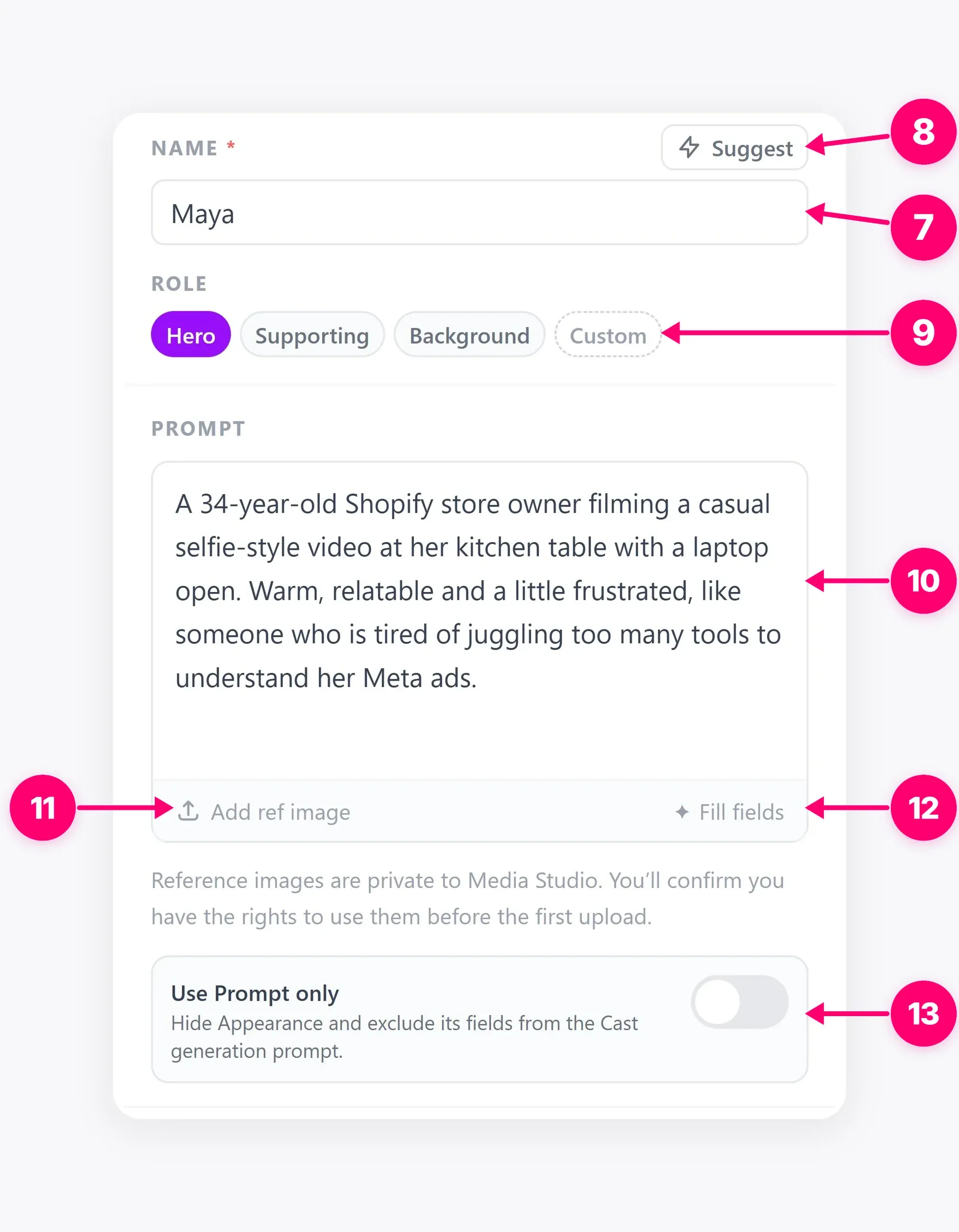 Cast editor with actor name and prompt fields.