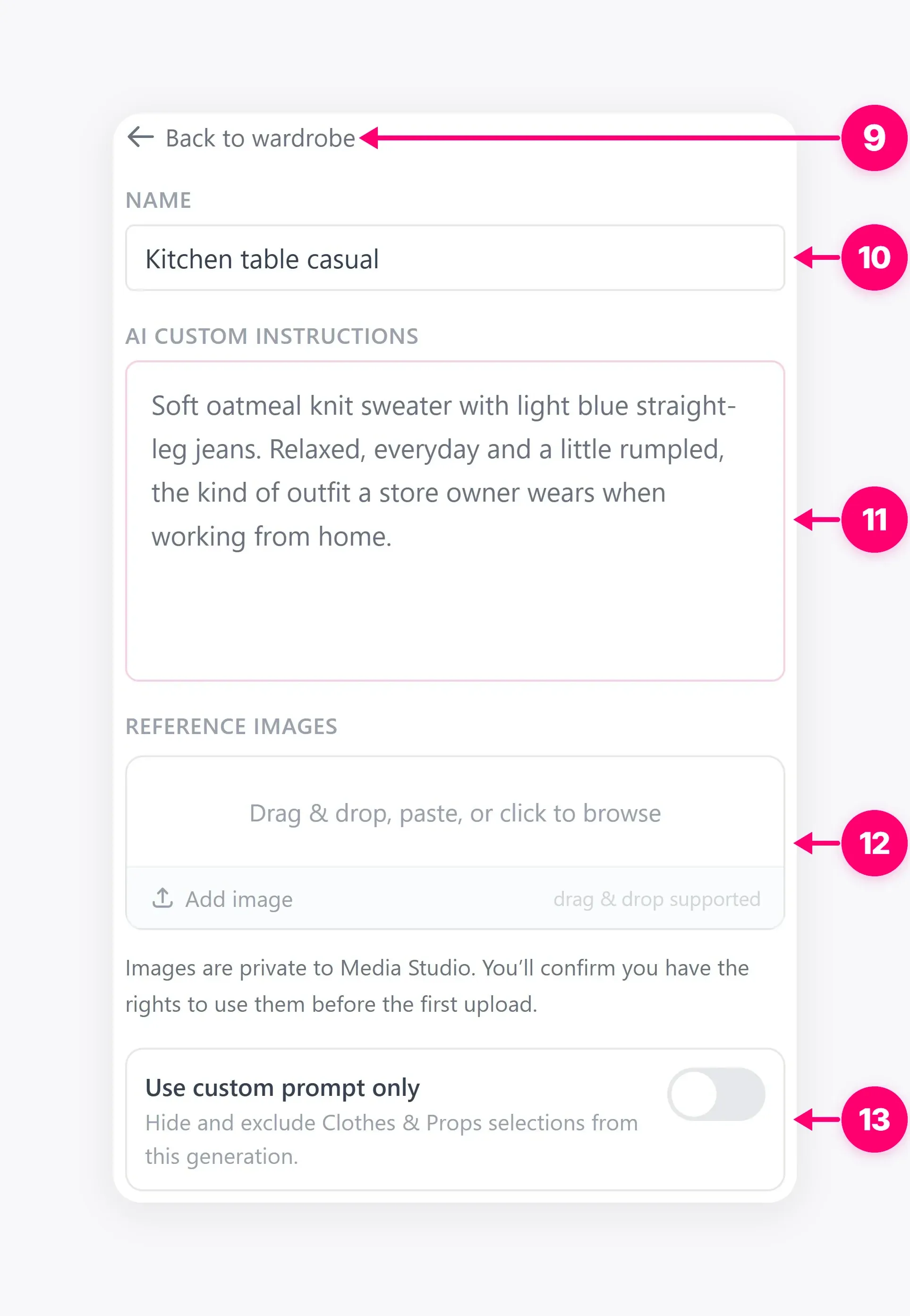 Outfit name and instructions in the item editor.