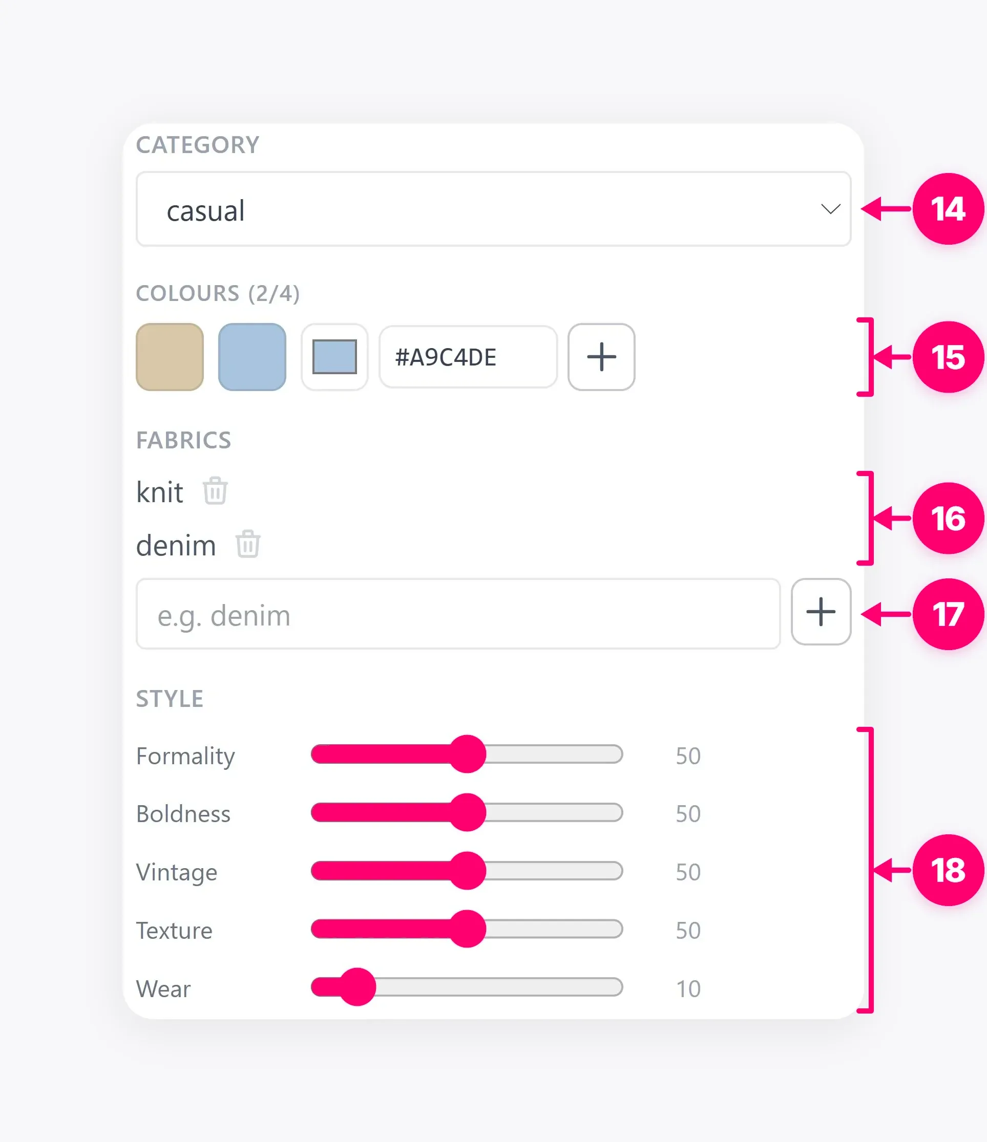 Outfit category, color, and style controls.
