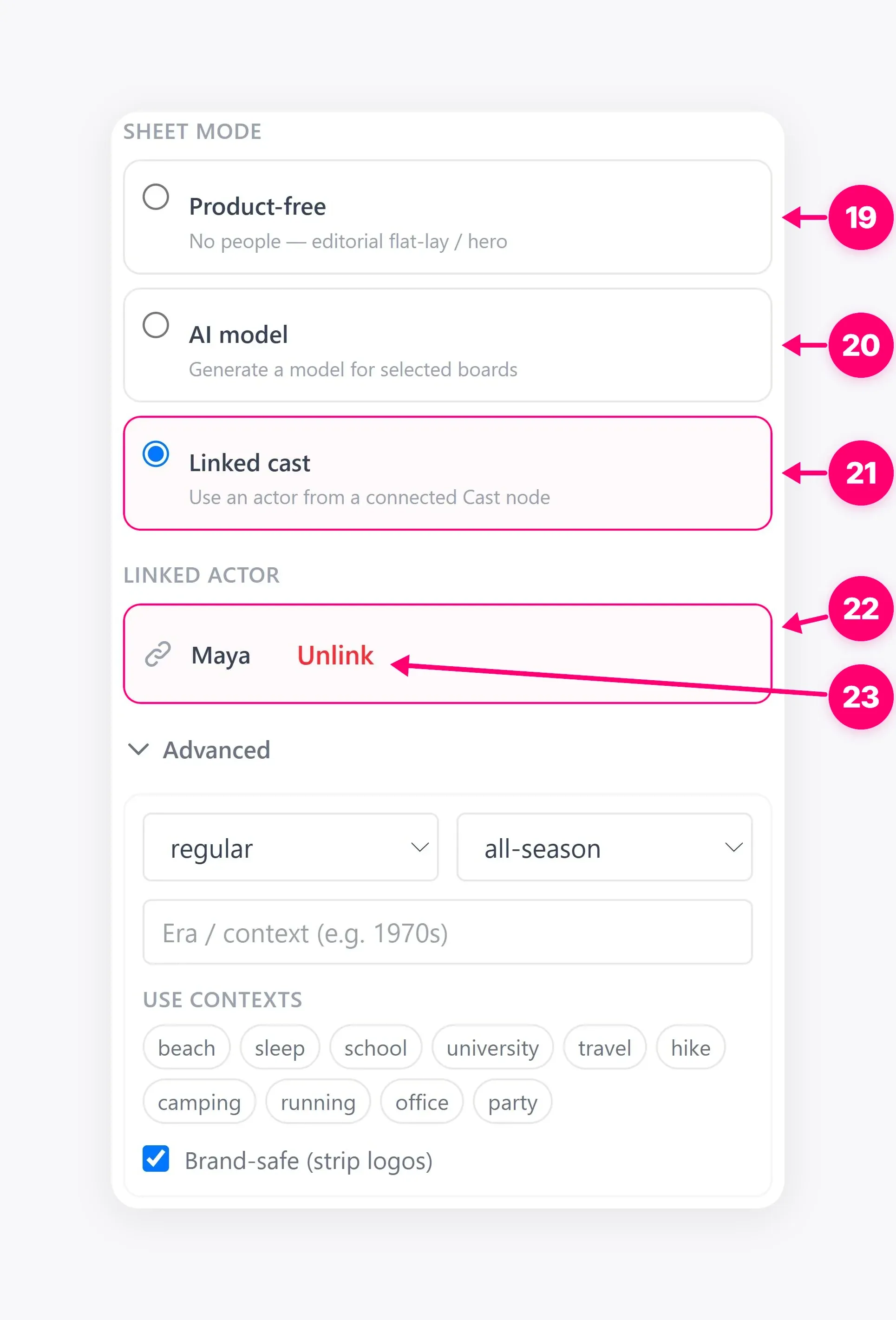 Sheet mode controls, including the linked actor option.
