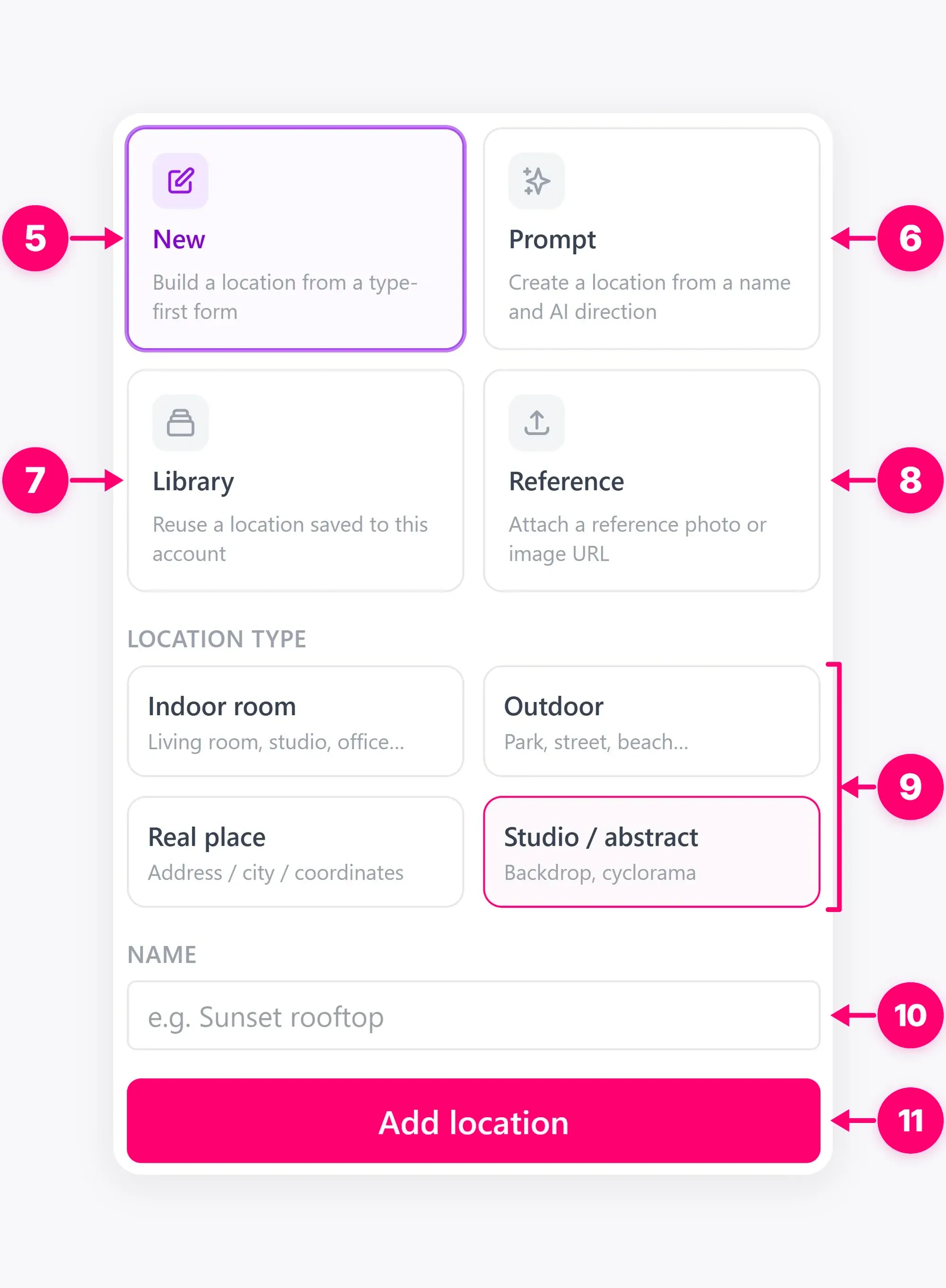 Location creation mode and type choices.