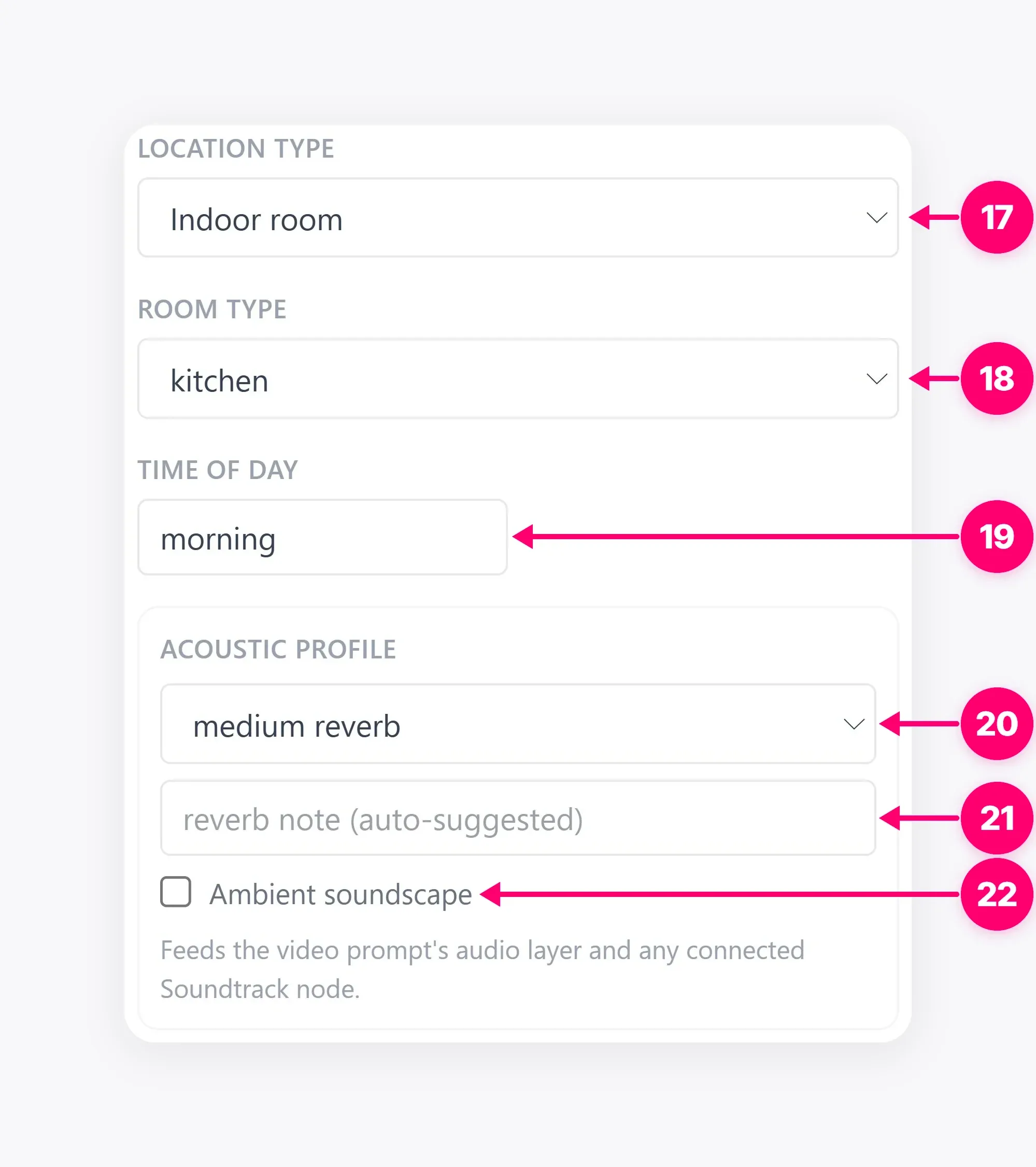 Location type, room, time, and acoustic settings.