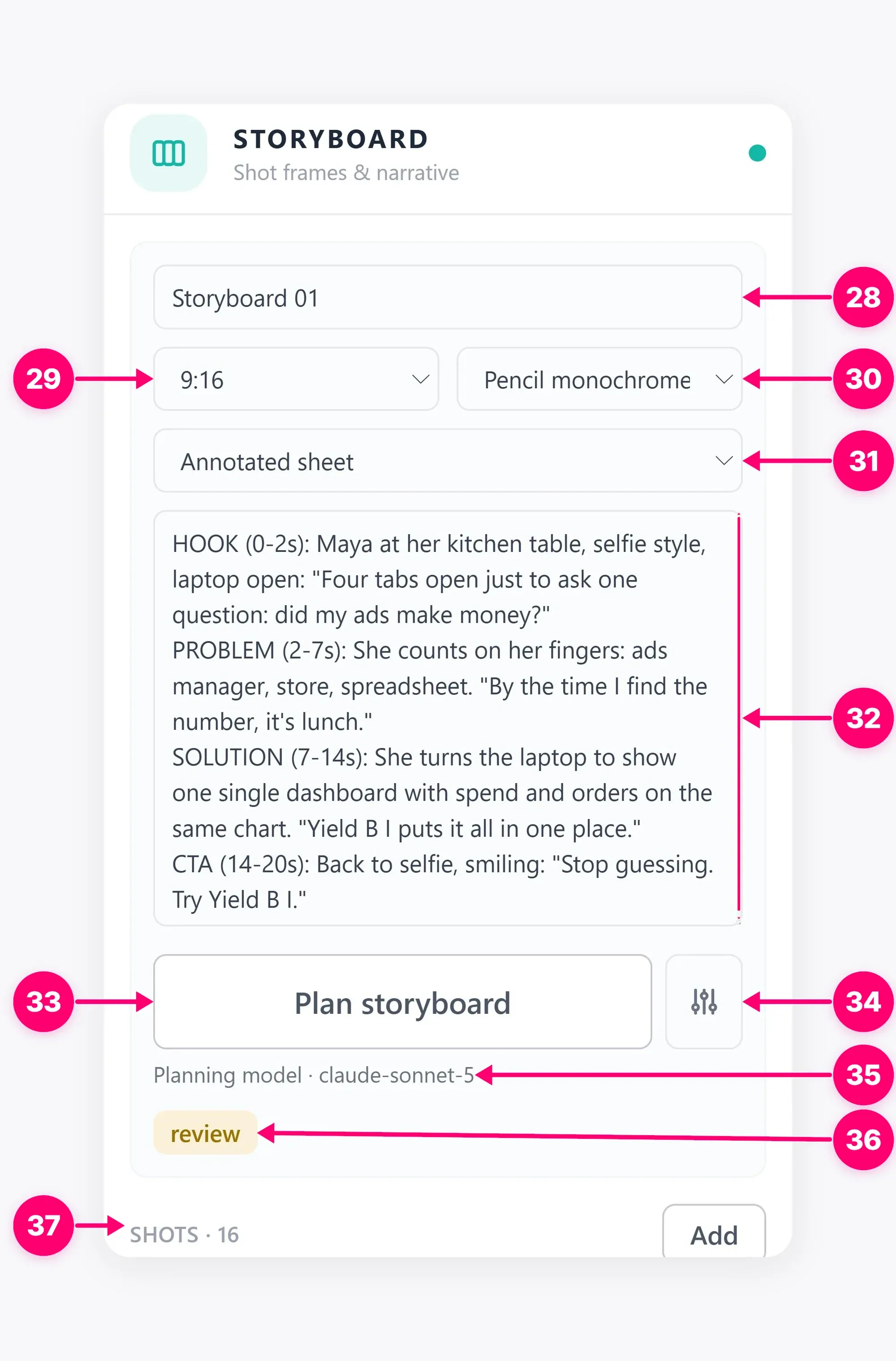 Planned Storyboard inspector with shot controls.