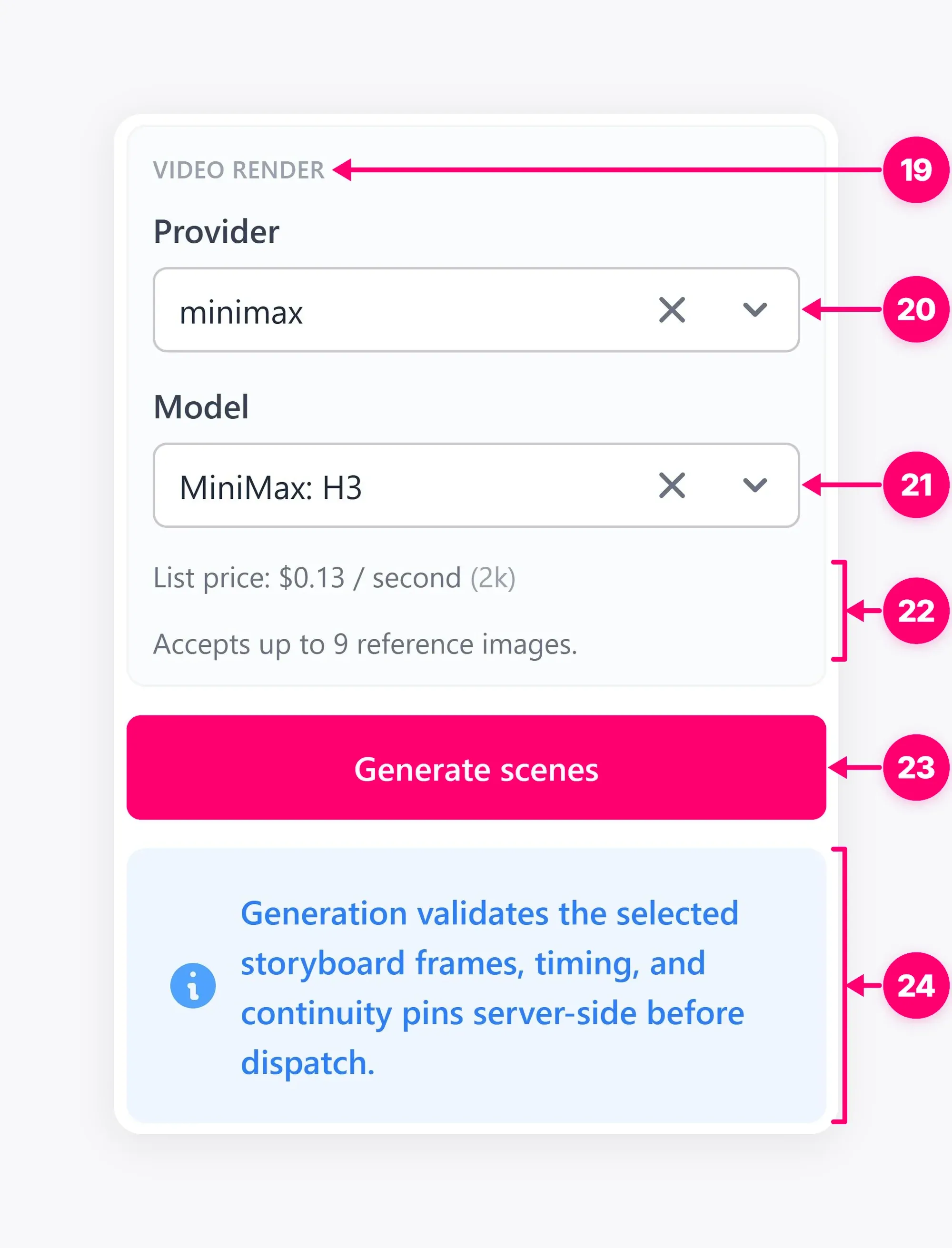 Scenes video rendering controls and model selection.
