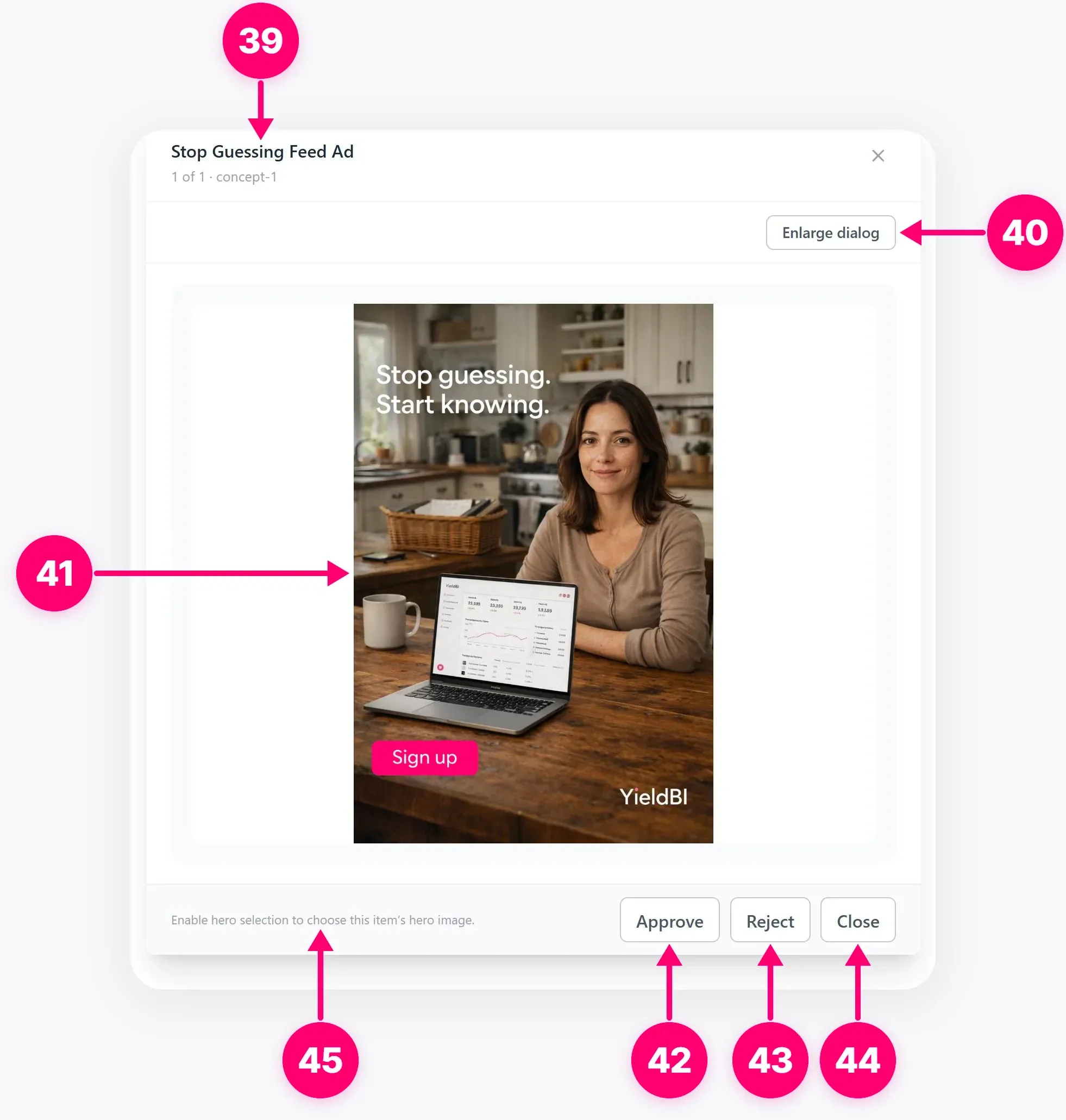 Static Ad preview with approval and rejection controls.
